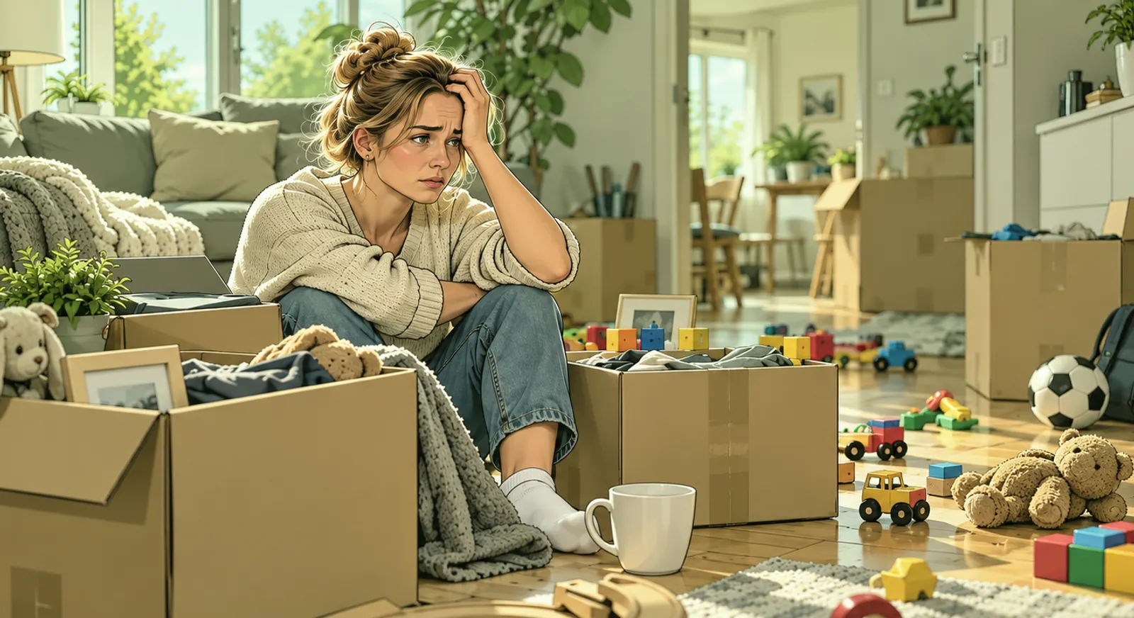 Frau sitzt nachdenklich zwischen gepackten Umzugskartons und Kinderspielzeug in ihrer Wohnung